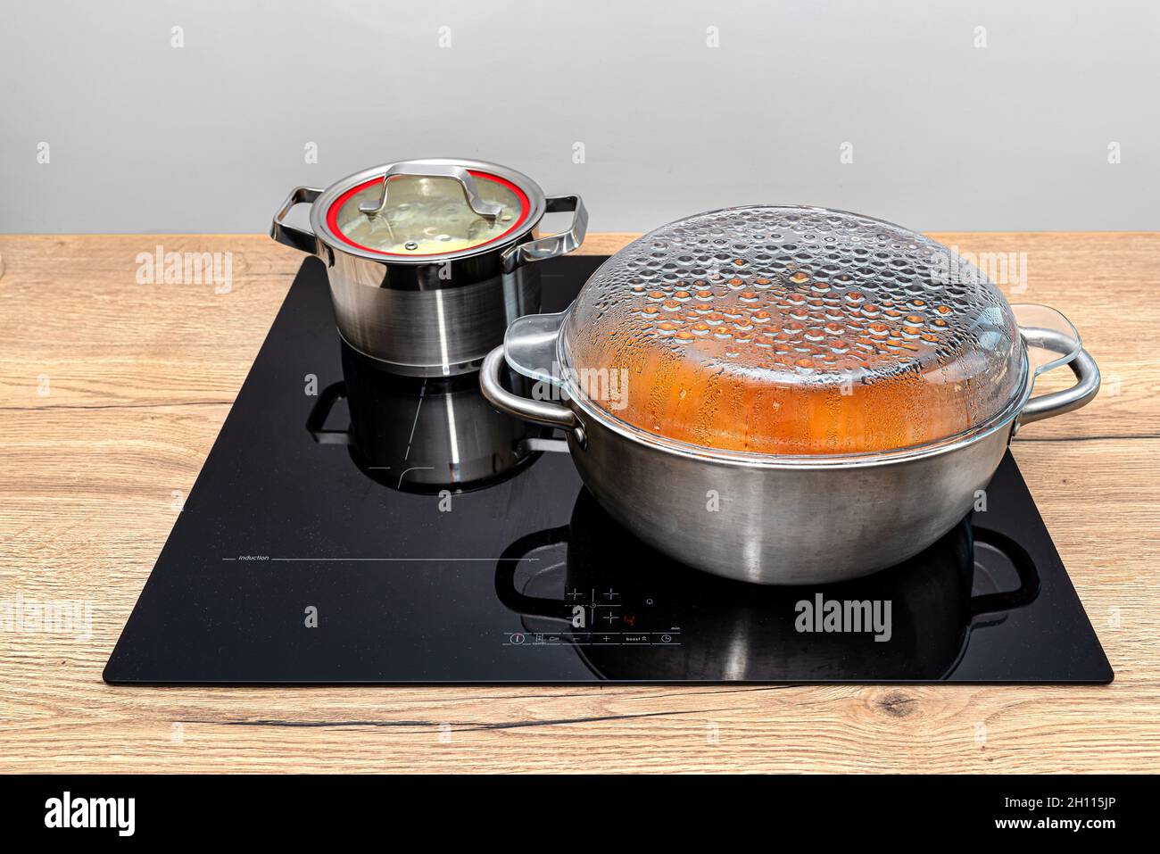https://c8.alamy.com/comp/2H115JP/steel-pots-with-a-cooking-dish-on-an-induction-cooker-built-into-the-kitchen-worktop-on-the-cabinets-2H115JP.jpg