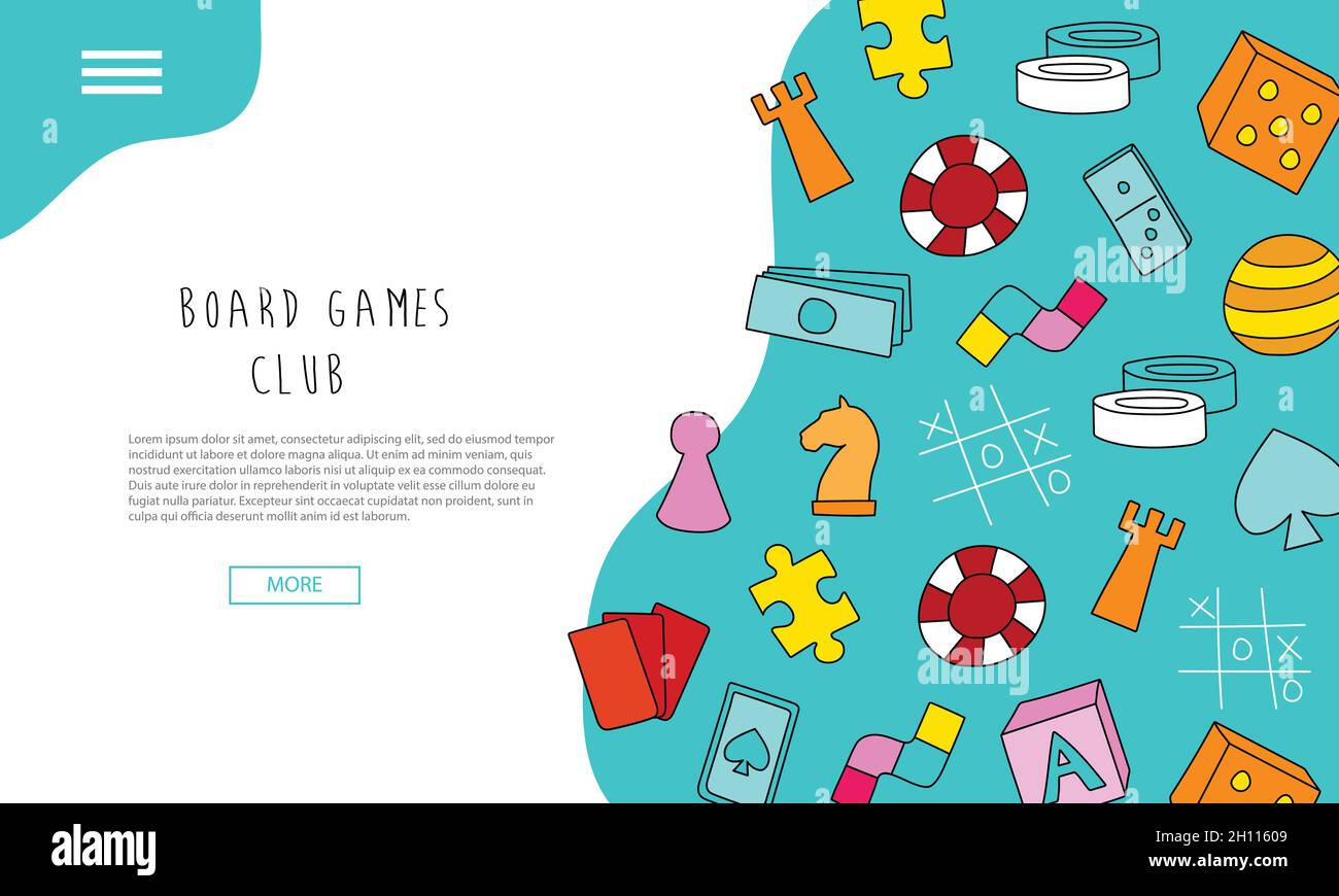 Board games club text banners. Hand drawn landing page Board Game Community. Colorful