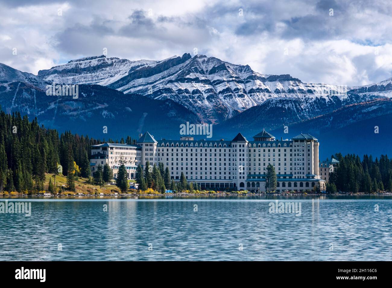 Lake Louise, Alberta, Canada - 29 September 2021: Fairmont Chateau Lake Louise on the shore of Lake Louise in the Autumn season Stock Photo