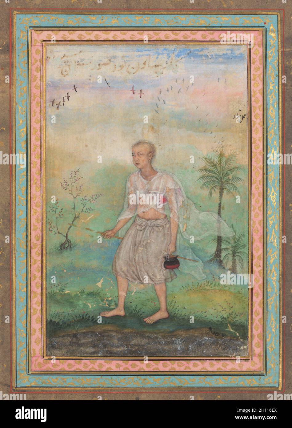 Jain Ascetic Walking Along a Riverbank, c. 1600. Basavana (Indian, active c. 1560–1600). Ink and color on paper; image: 14.7 x 9.8 cm (5 13/16 x 3 7/8 in.); overall: 38.8 x 26.3 cm (15 1/4 x 10 3/8 in.); with mat: 49 x 36.3 cm (19 5/16 x 14 5/16 in.). Stock Photo