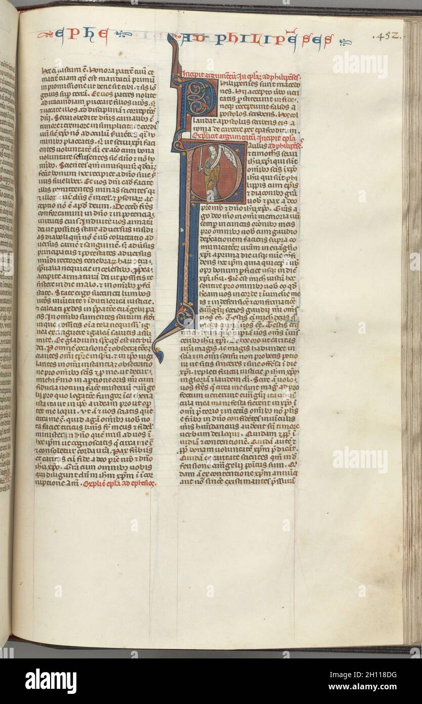 Fol. 435v, Romans, historiated initial P, Paul seated with a sword talking  to the bust of God above, c. 1275-1300. Biblical manuscripts were highly  prized and important possessions of churches, monasteries, cathedral