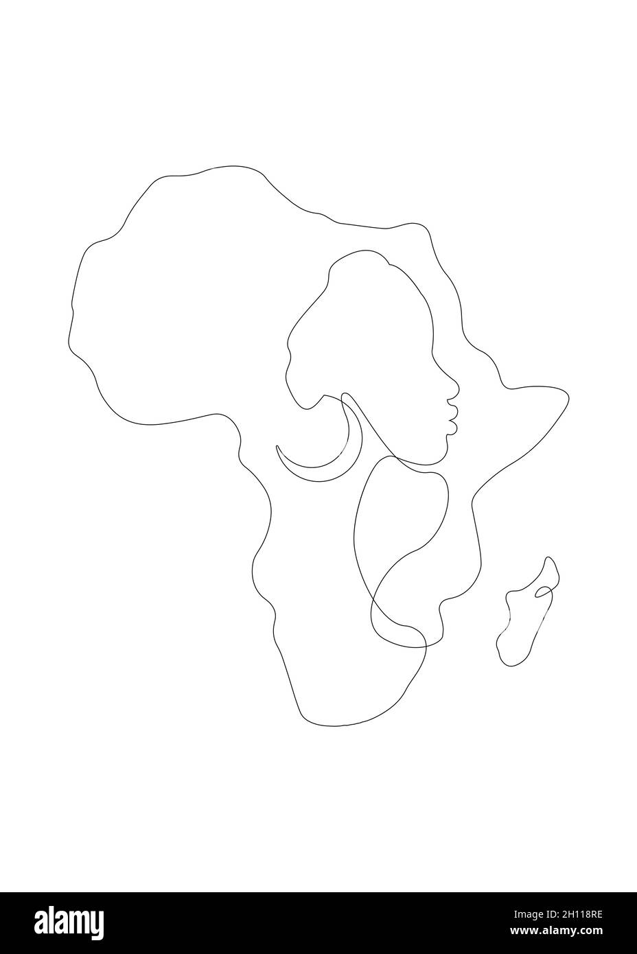 Black African Woman in line art style, continuous line drawing of Afro woman and African continent map. Vector linework tattoo icon logo isolated Stock Vector