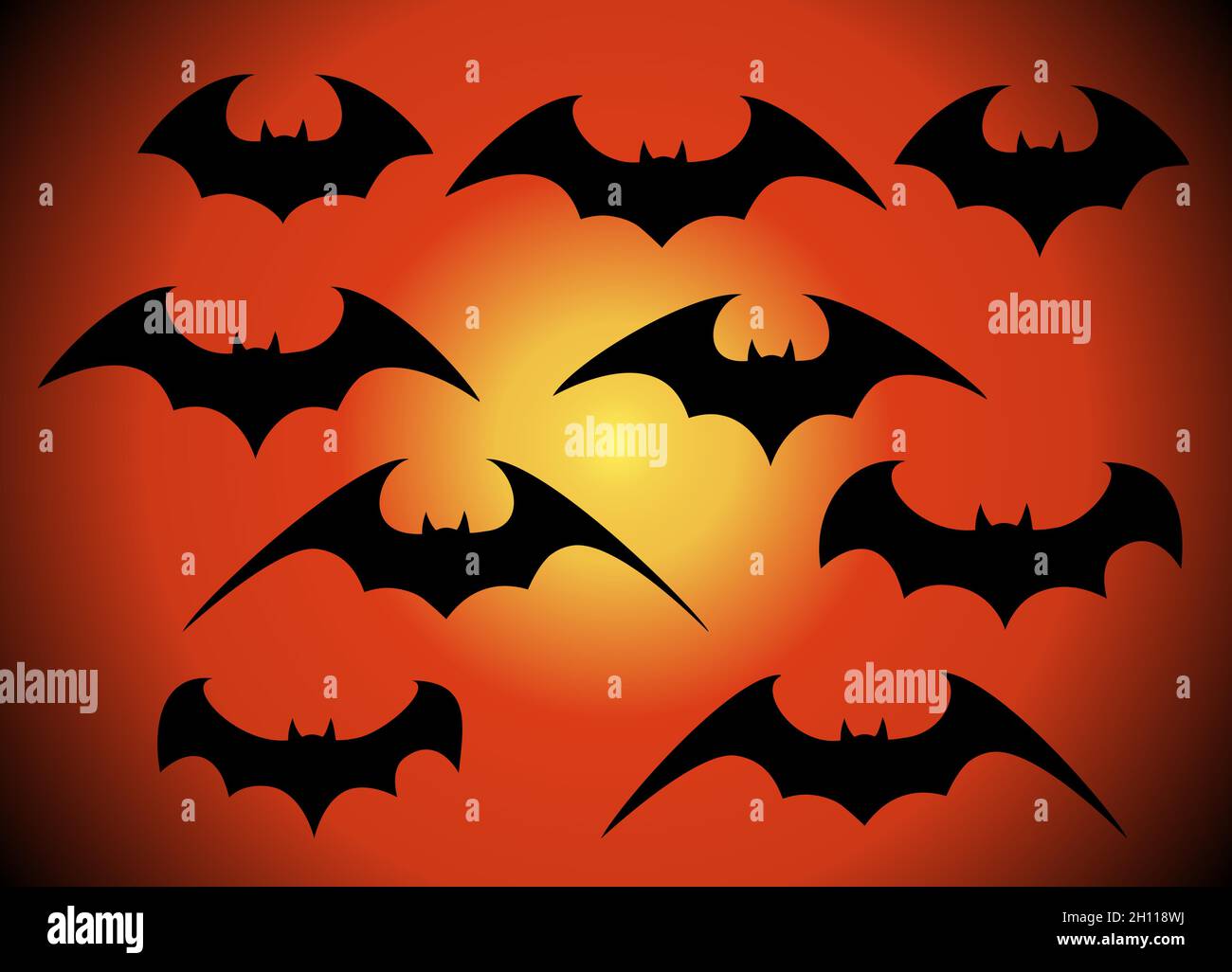 Vector set of different Halloween bats. Halloween flying bats. Vampire vector bat. Dark silhouette of bat flying in a flat style Stock Vector