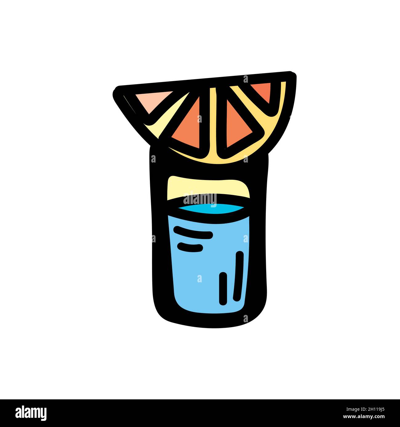 Color vector illustration of a shot glass with alcohol and an orange slice on top. Stock Vector