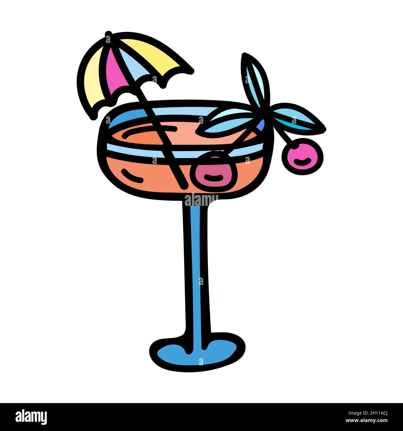 Color vector illustration of a blue glass of cocktail, color umbrella and pink cherry. Stock Vector