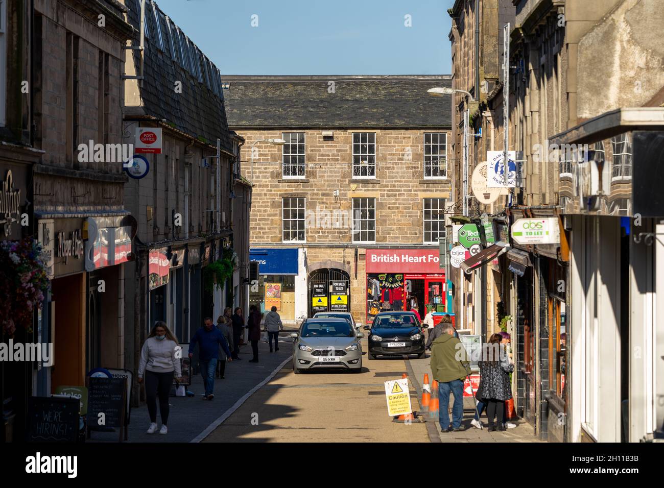 15 October 2021. Elgin, Moray, Scotland, UK. This is a street scene from the town centre of Elgin on a sunny October morning. Stock Photo