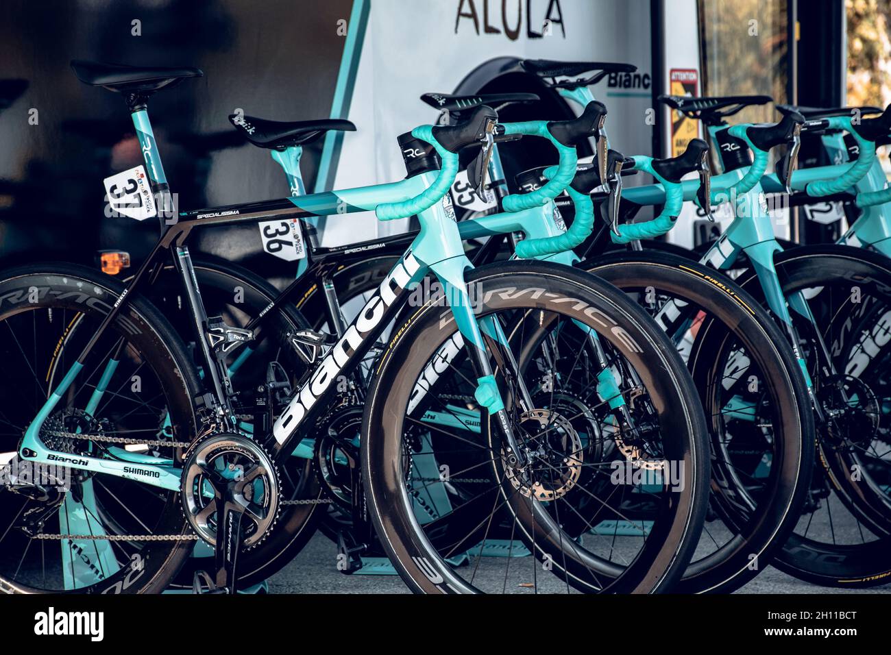 ZAGREB, CROATIA - Oct 03, 2021: Bianchi professional racing bicycles of team  Bike exchange waiting for riders before race Stock Photo - Alamy