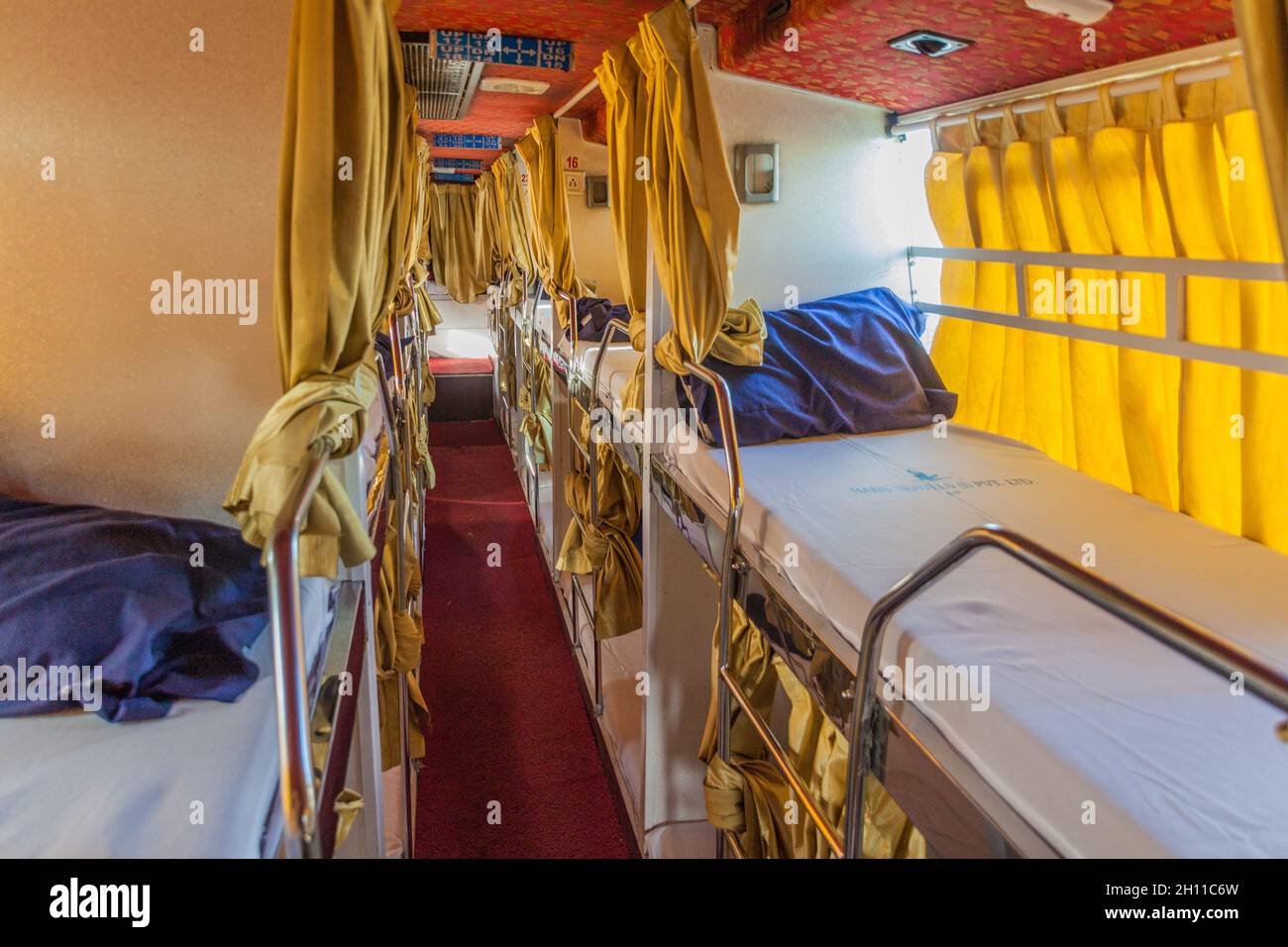 BHOPAL, INDIA - FEBRUARY 5, 2017: Interior of a sleeper bus in India Stock Photo