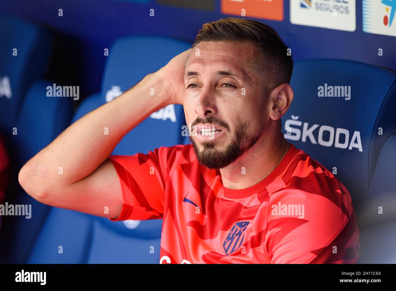 BARCELONA - SEP 12: Hector Herrera sits on the bench during the La Liga match between RCD Espanyol and Atletico de Madrid CF at the RCDE Stadium on Se Stock Photo