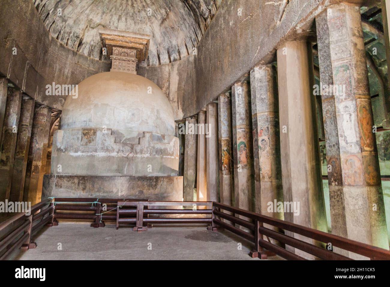 Buddhist chaitya prayer hall carved into a cliff in Ajanta, Maharasthra state, India Stock Photo