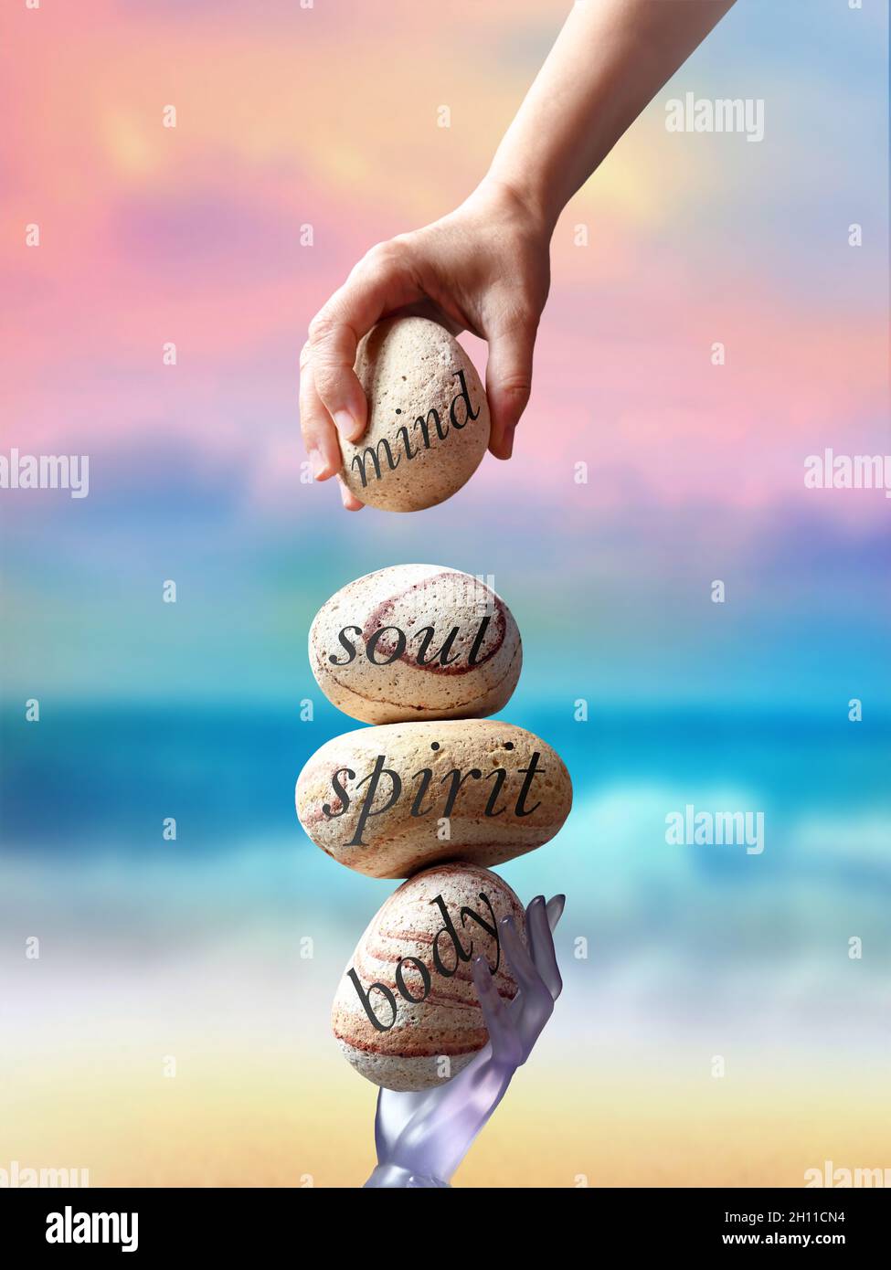 Hand Finished Stone Tower. Hand Setting Natural Pebble Stone. Balancing