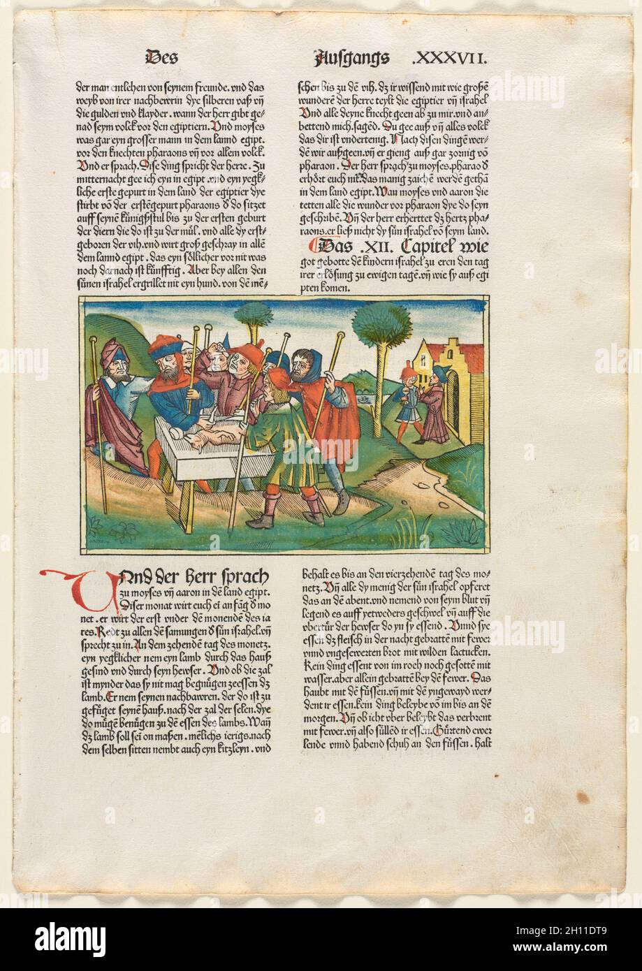 Offering of the Paschal Lamb from the German Bible published by Anton Koberger, Nürnberg, 1483. Anonymous. Woodcut with hand coloring; Stock Photo