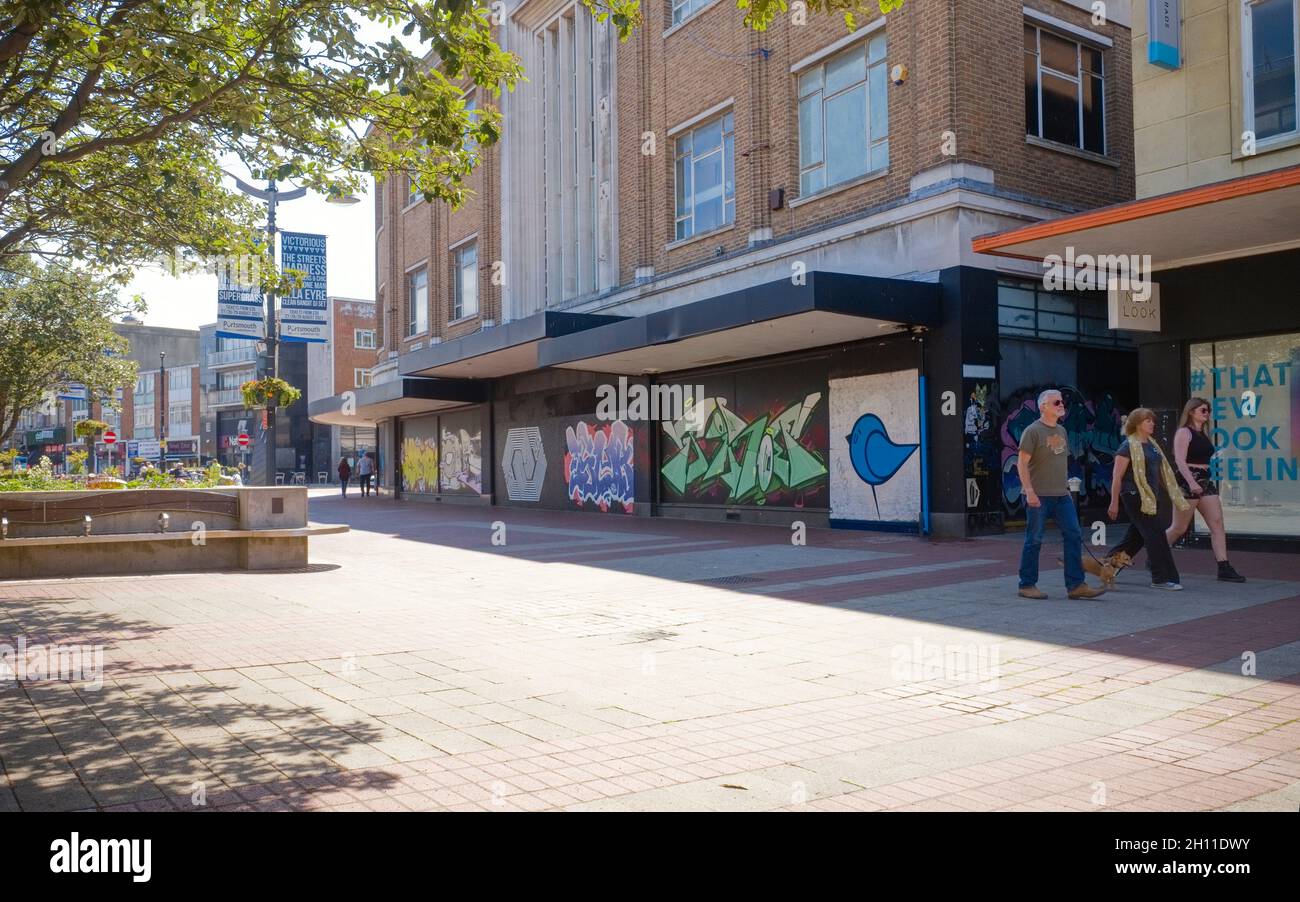 A near deserted Palmerston Road at Handley's Corner with the now closed Debenhams store boarded up Stock Photo