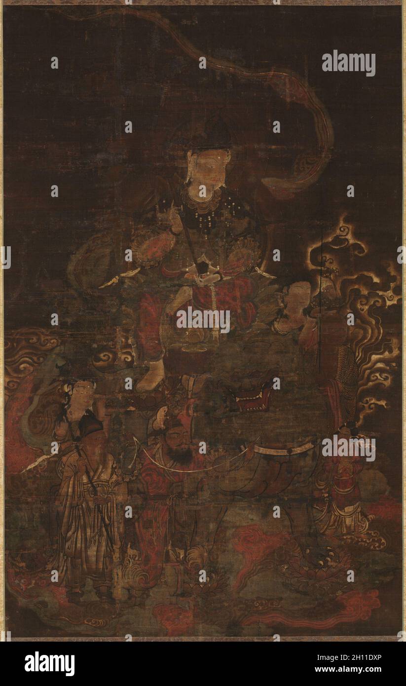 Monju Riding Lion with Attendants, 1200s. Japan, Kamakura period (1185-1333). Hanging scroll; ink and color on silk; image: 96 x 60.5 cm (37 13/16 x 23 13/16 in.); overall: 195.6 x 88.9 cm (77 x 35 in.). Stock Photo