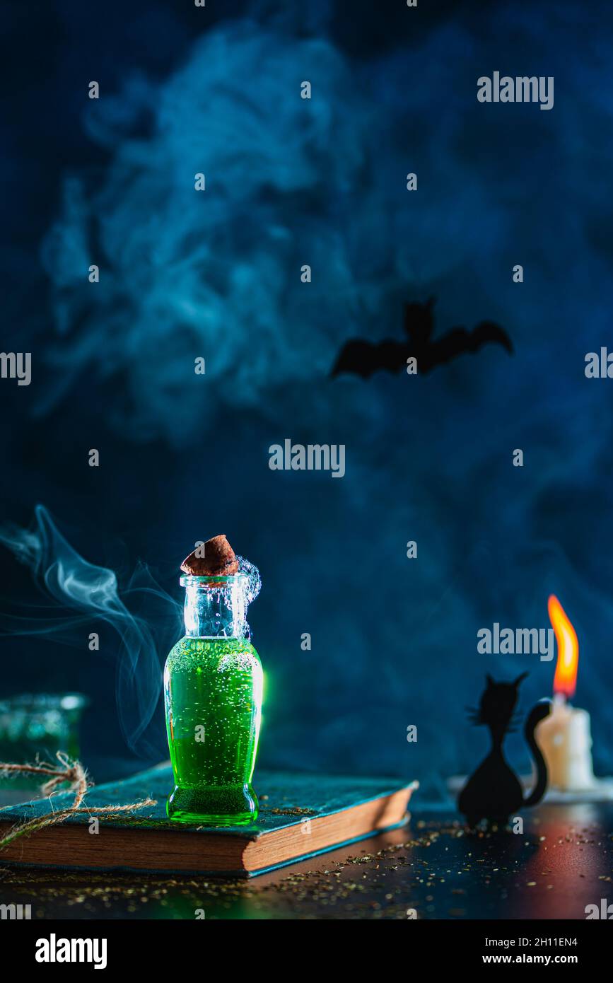 a bottle with a green liquid that is placed on the book, in the background you can see a candle, smoke and a black cat, flying bat Stock Photo