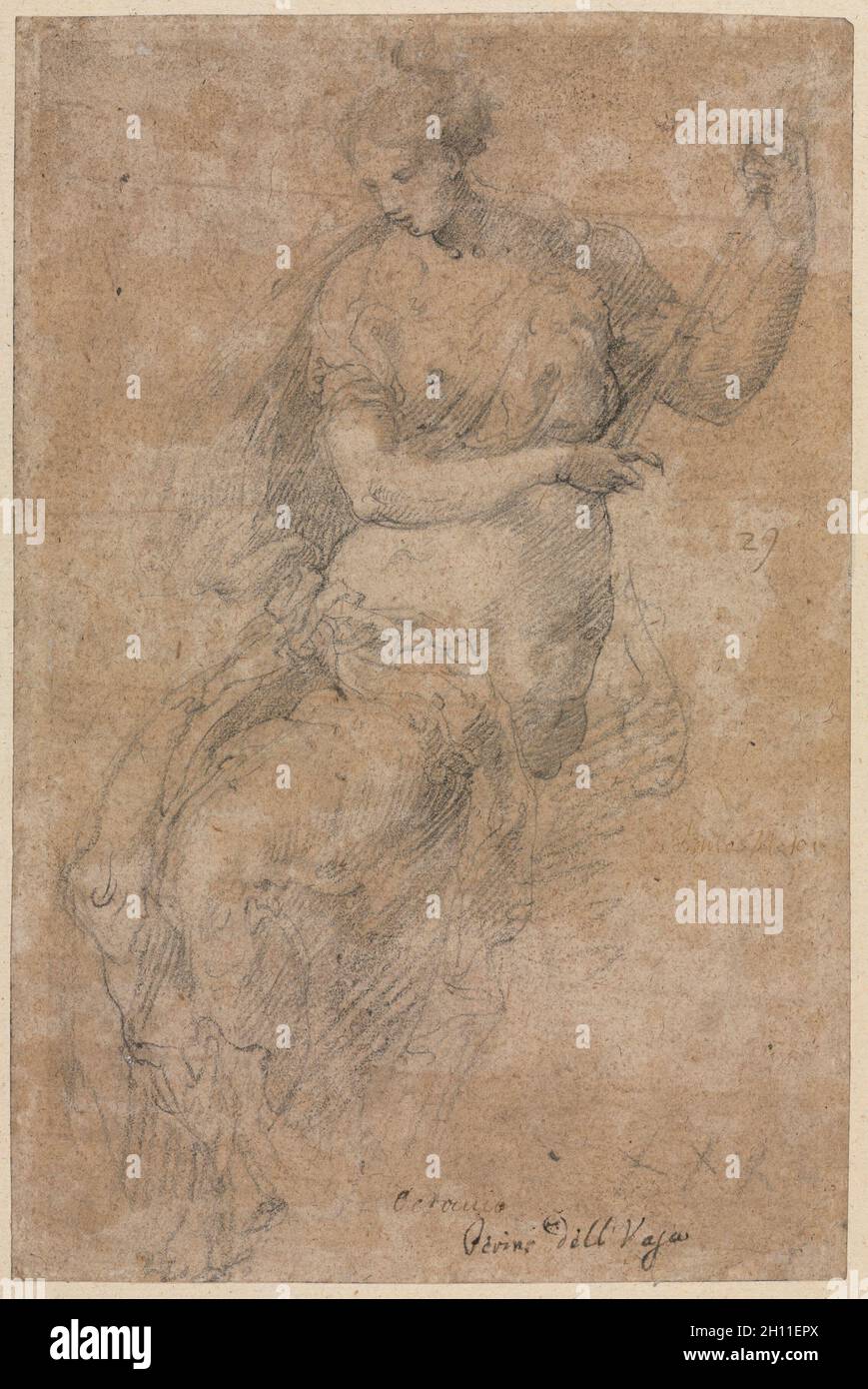 Allegorical Figure (recto), 1500s. Niccolo dell' Abbate (Italian, c. 1512-1571). Black chalk; sheet: 28.8 x 19 cm (11 5/16 x 7 1/2 in.); secondary support: 43.3 x 28.8 cm (17 1/16 x 11 5/16 in.). Stock Photo