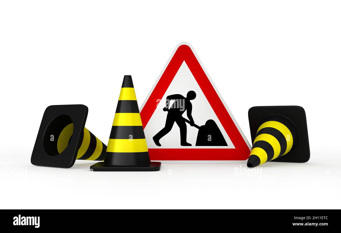 3d render of traffic cones and road works sign Stock Photo