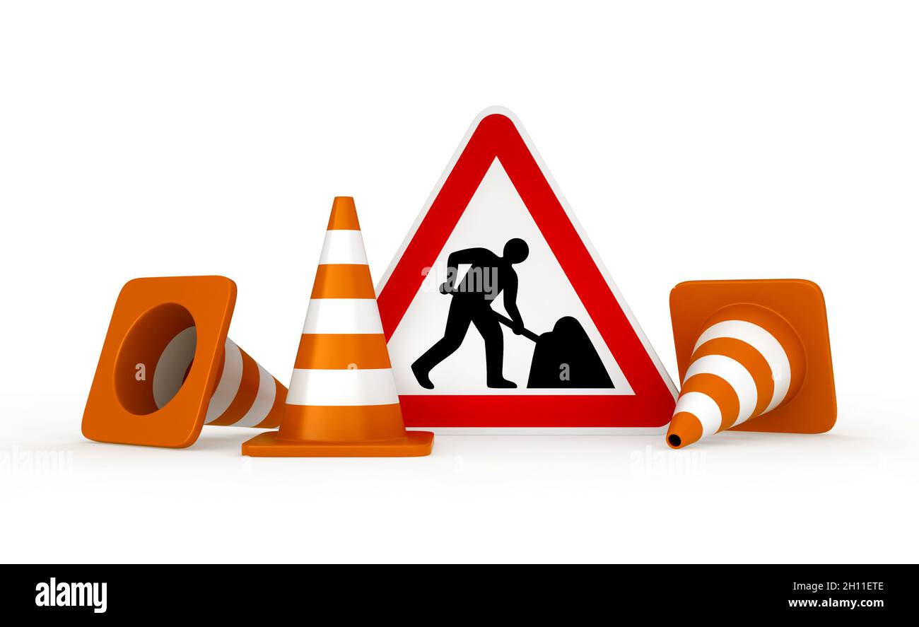 3d render of traffic cones and road works sign Stock Photo