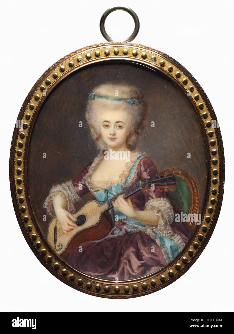 Portrait of a Woman with a Guitar, called Louise D'Aumont, Mazarin, Duchesse d'Aumont, late 18th century. Antoine Vestier (French, 1740-1824). Watercolor on ivory in gold mount; framed: 8.7 x 7.3 cm (3 7/16 x 2 7/8 in.); unframed: 7.5 x 6.1 cm (2 15/16 x 2 3/8 in.). Stock Photo
