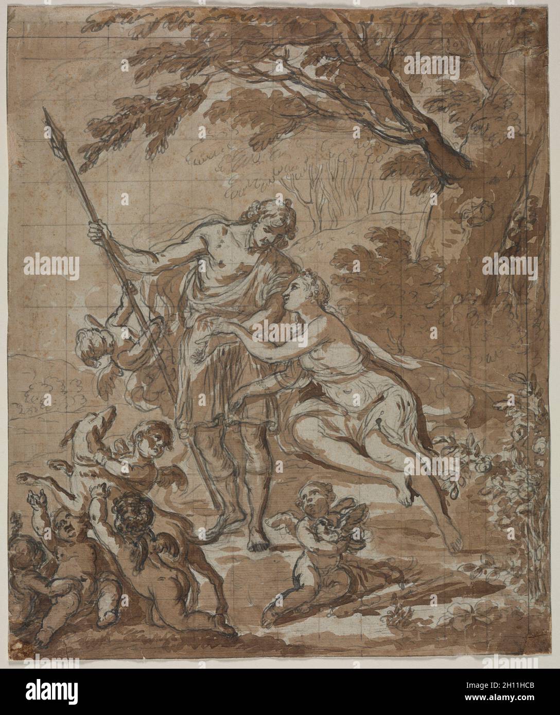 Venus and Adonis, 1713. France, 18th century. Black chalk, pen and gray ink with brown wash; matted: 29.8 x 24.9 cm (11 3/4 x 9 13/16 in.). Stock Photo