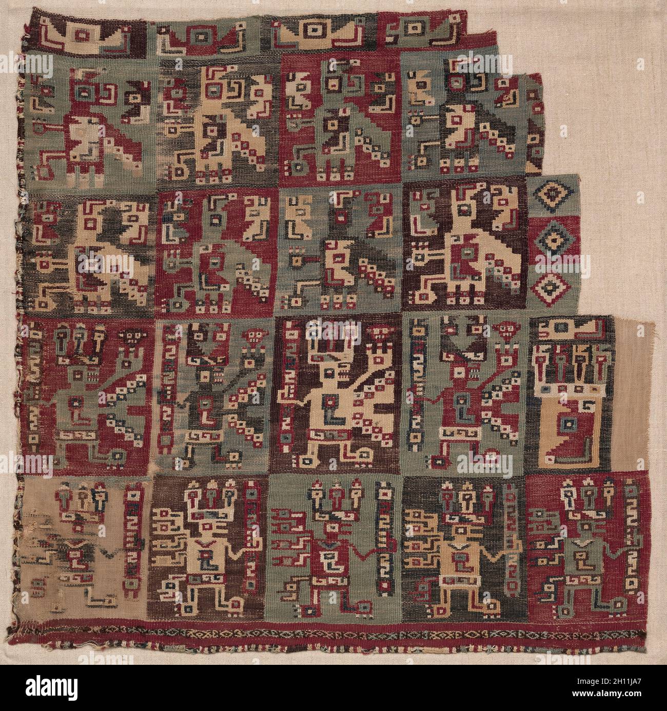 Mantle Corner Fragment, 700-1100 A.D.. Peru, South Coast, Wari Culture, Middle Horizon, 8th-11th Century. Cotton and camelid fiber; plain weave with supplementary weft (brocade); overall: 46 x 46.5 cm (18 1/8 x 18 5/16 in.). Stock Photo