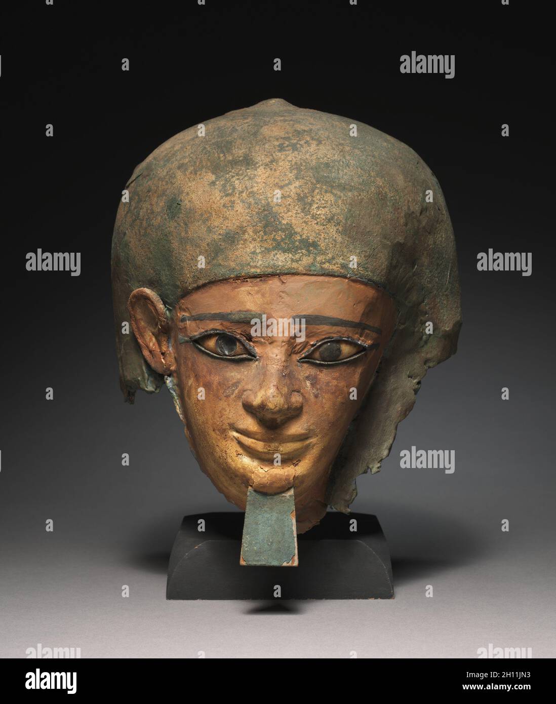 Mummy Mask of Senbi, 1980-1801 BC. Egypt, Meir, Middle Kingdom, Dynasty 12, 1980-1801 BC. Cartonage, wood, limestone, obsidian, paint; overall: 30.5 x 29.2 x 27.6 cm (12 x 11 1/2 x 10 7/8 in.). Stock Photo