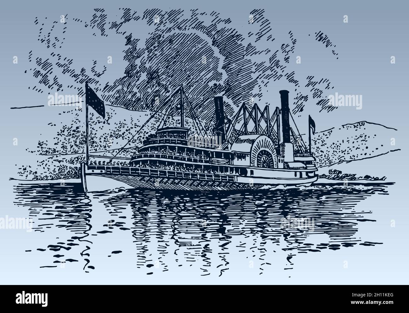 American side-wheel paddle steamer on river under cloudy sky, after antique  drawing from early 20c Stock Vector Image & Art - Alamy