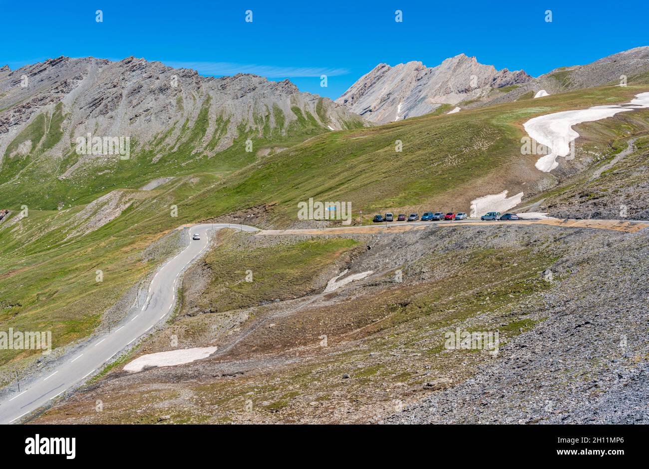 Scenic sight near the mountain pass Colle dell'Agnello, Piedmont, between Italy and France. Stock Photo