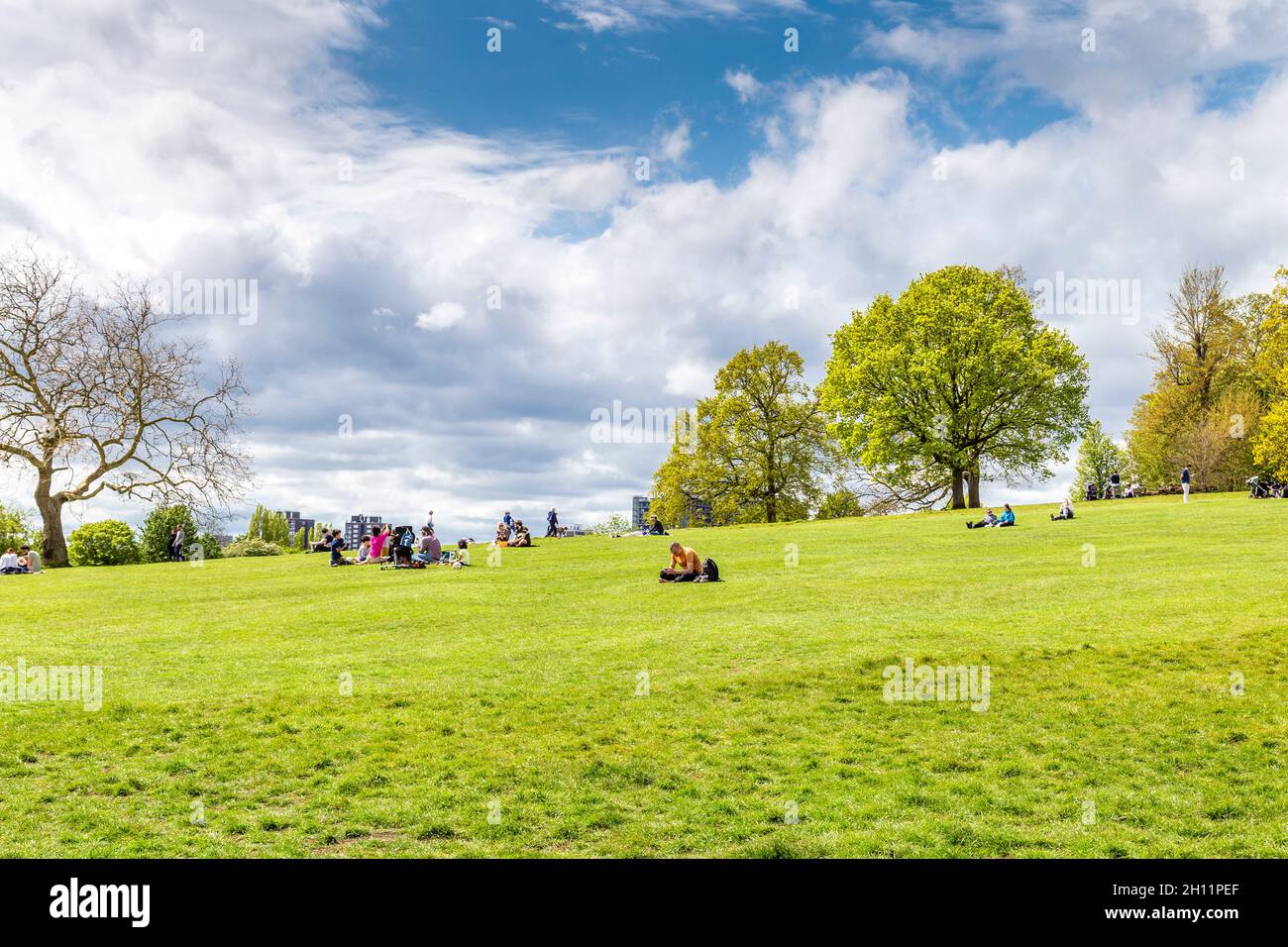 People relaxing in Hampstead Heath on a sunny day, North London, UK Stock Photo