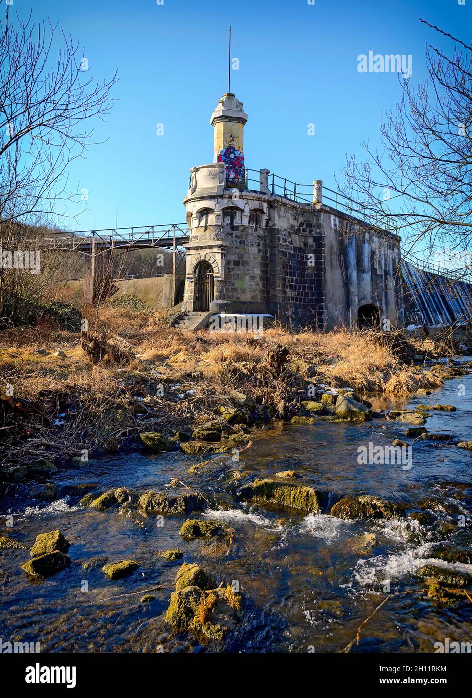 Tower at the endbuilding of the flood retention system of the Viennese river, Austria Stock Photo