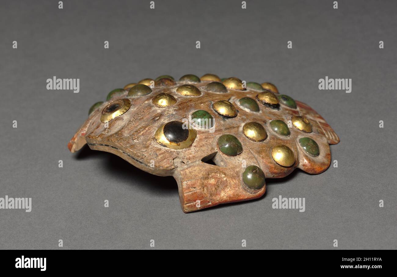 Frog Ornament, 50-800. Peru, Moche, 1st-9th Century. Shell, stone, gold; overall: 3.6 x 10.7 x 10.6 cm (1 7/16 x 4 3/16 x 4 3/16 in.). Stock Photo