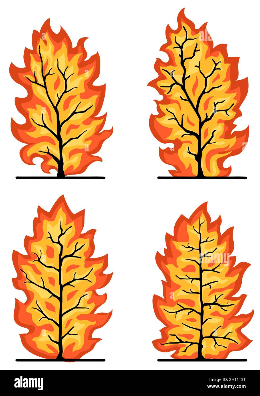 Burning trees cartoon design element set, isolated color vector