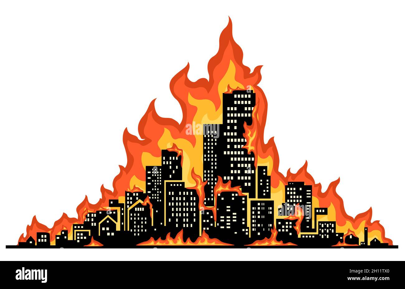 City on fire dark shadow silhouette with red flames cartoon color vector illustration, horizontal, over white, isolated Stock Vector