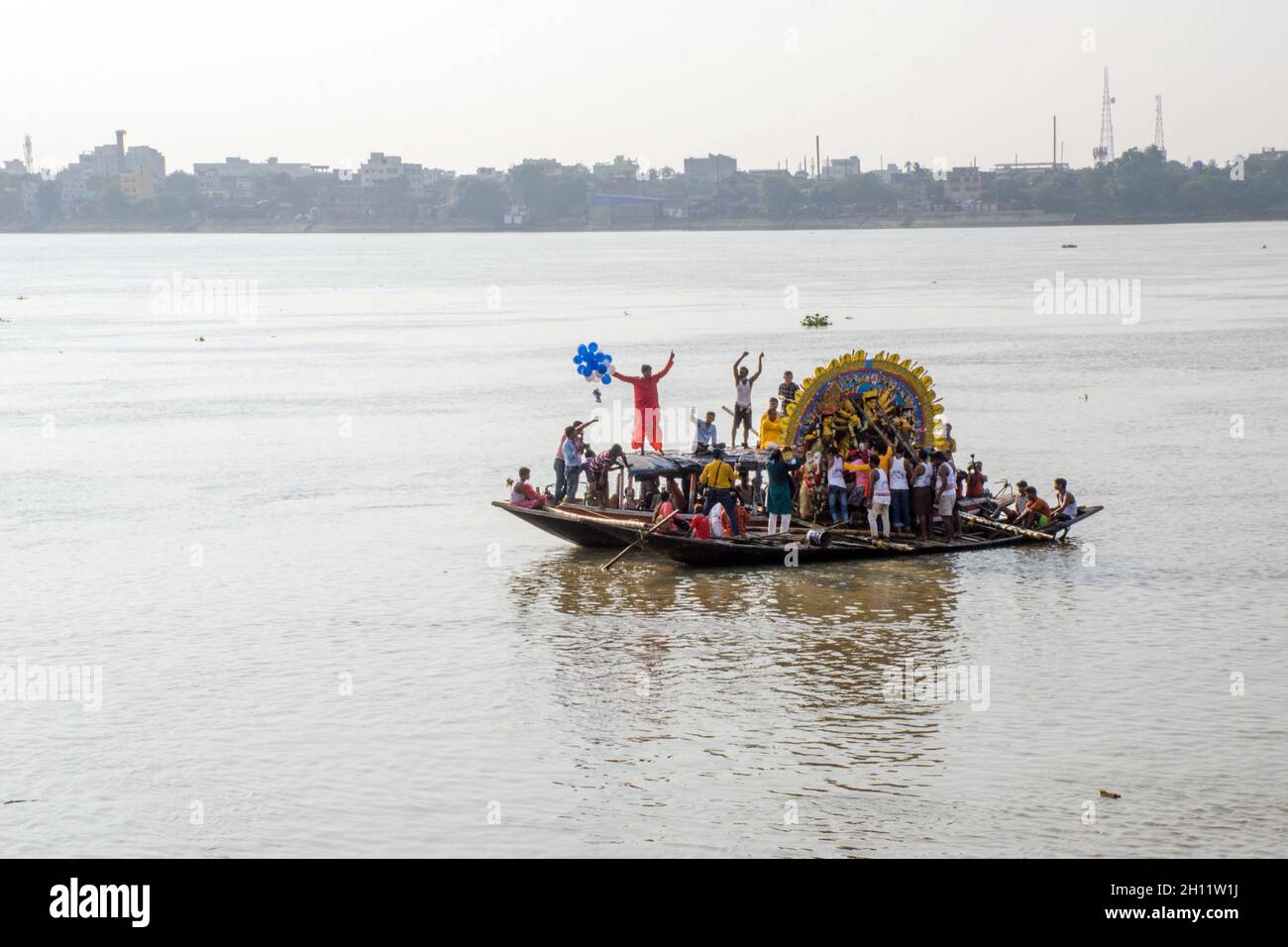 durga idol immersion process at sovabazar ghat kolkata Stock Photo
