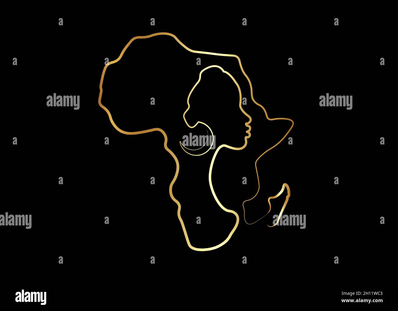 Black African Woman in gold line art style, continuous line drawing of Afro woman and African continent map. Vector golden linework icon logo isolated Stock Vector