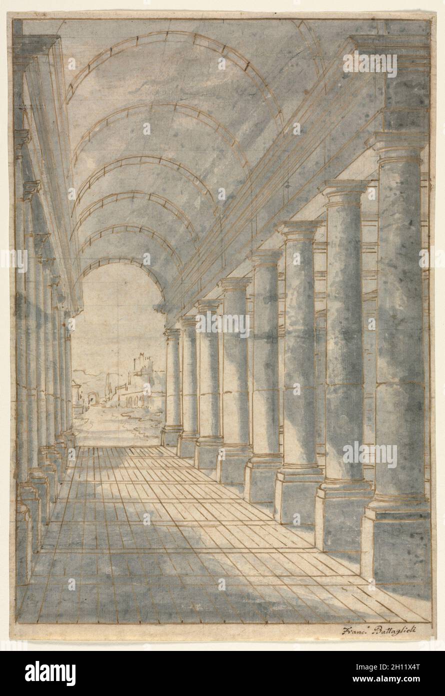 Barrel-Vaulted Arcade Rendered in Perspective, c. 1780-96. Francesco Battaglioli (Italian, 1725-1796). Pen and brown ink and brush and blue-gray wash, over graphite (ruled in places); framing lines in brown ink; sheet: 36 x 24.7 cm (14 3/16 x 9 3/4 in.); image: 34.8 x 24 cm (13 11/16 x 9 7/16 in.). Stock Photo