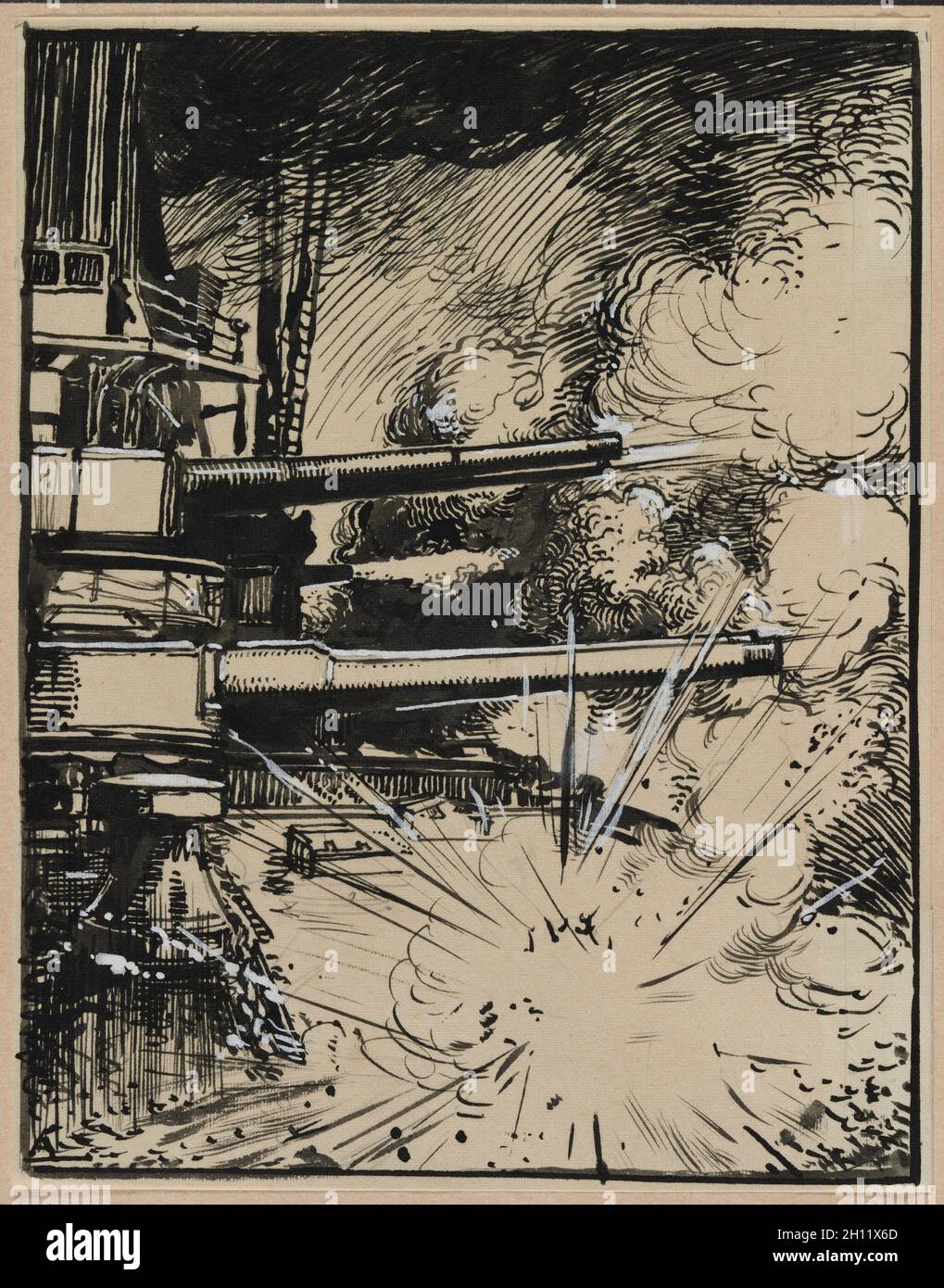 Bombe explosant sur un cuirasse aux canons braques, 1914. Auguste Louis Lepère (French, 1849-1918). Brush and black ink over pencil with white highlights; Stock Photo
