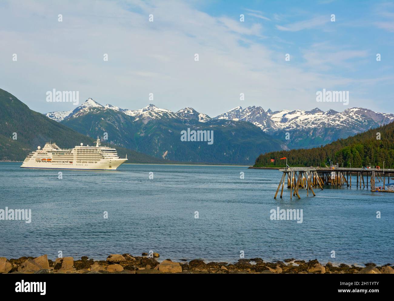 United States, Alaska, Haines Harbor, cruise ship departing outbound for sea Stock Photo