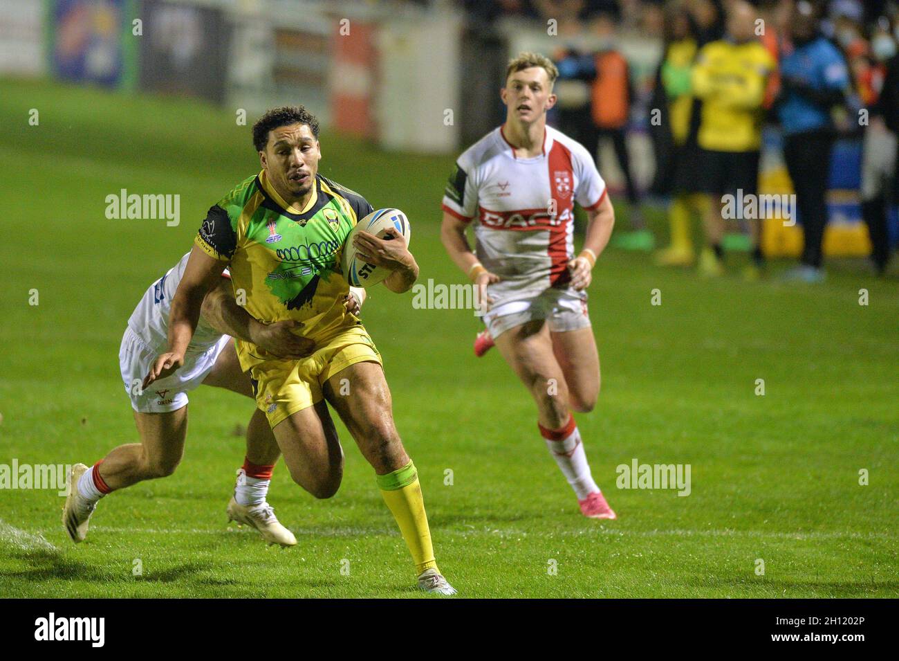 Castleford, UK. 15 October 2021 - Jacob Ogden of Jamaica makes a break ...