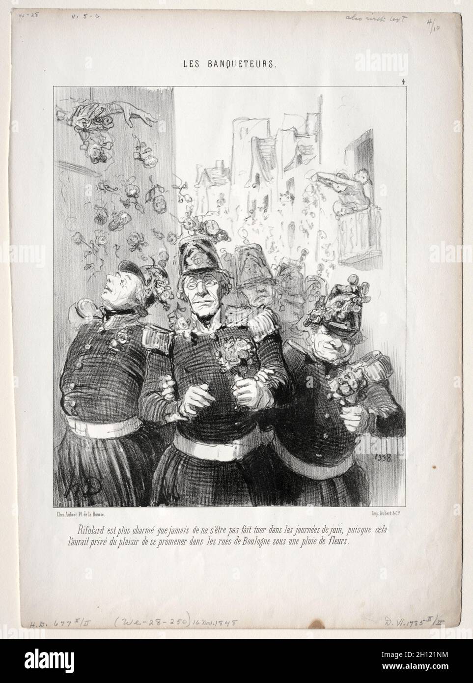 published in le Charivari (11 January 1849): The Banqueters, plate 4: Rifolard is more charming than ever..., 1848. Honoré Daumier (French, 1808-1879). Lithograph; sheet: 35.8 x 25.6 cm (14 1/8 x 10 1/16 in.); image: 24.3 x 20.4 cm (9 9/16 x 8 1/16 in.). Stock Photo