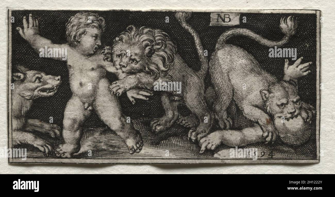 Fighting Chimeras and Scenes to Aesop's Fables: Lions Attacking Children, 1594. Nicolaes de Bruyn (Netherlandish, 1571-1656), A. van Londerseel. Engraving; sheet: 2.8 x 5.7 cm (1 1/8 x 2 1/4 in.). Stock Photo