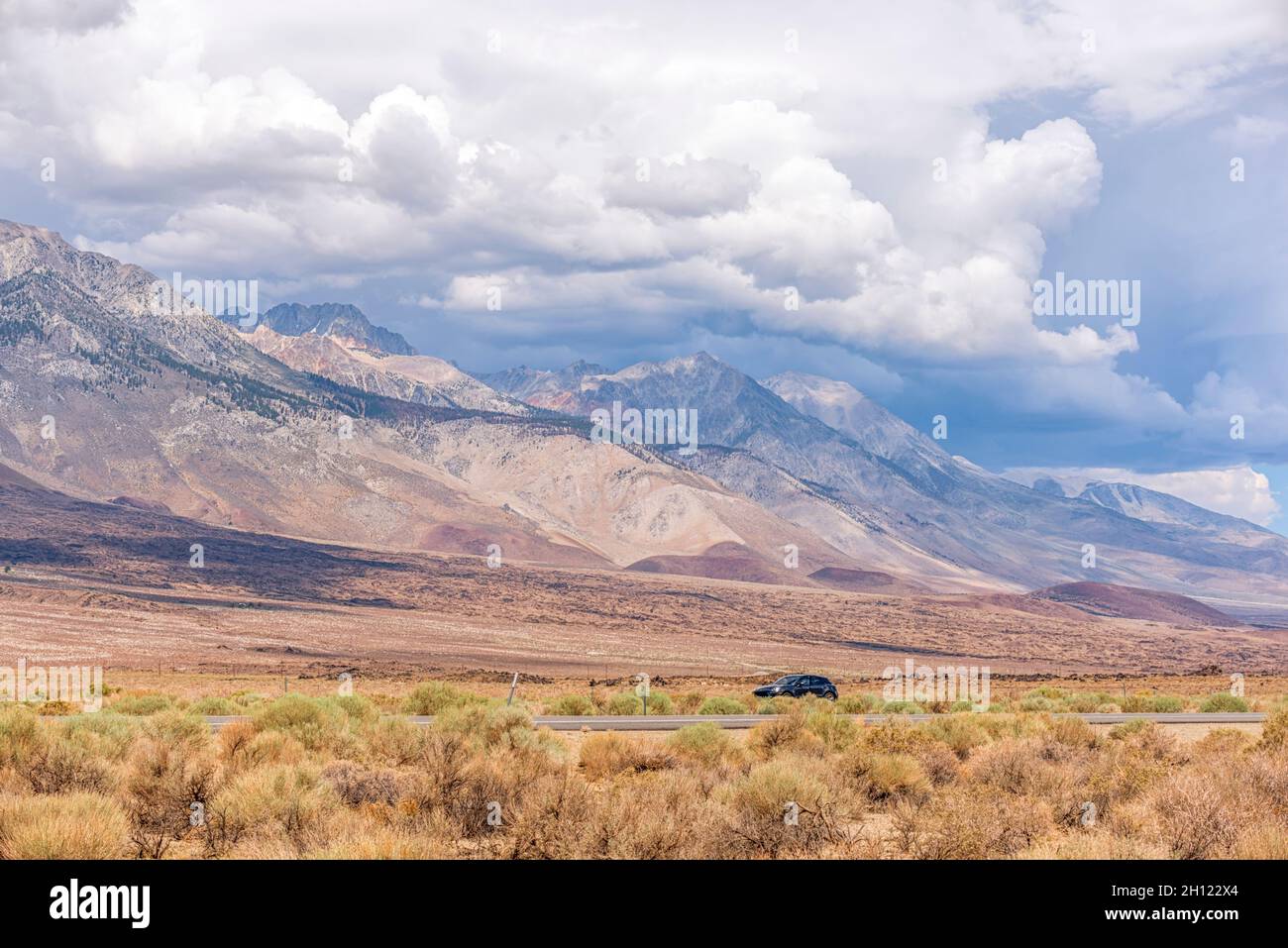 Scenic landscape of the Eastern Sierra mountains along US Route 395. About 30 minutes outside of Bishop, CA, USA. Stock Photo