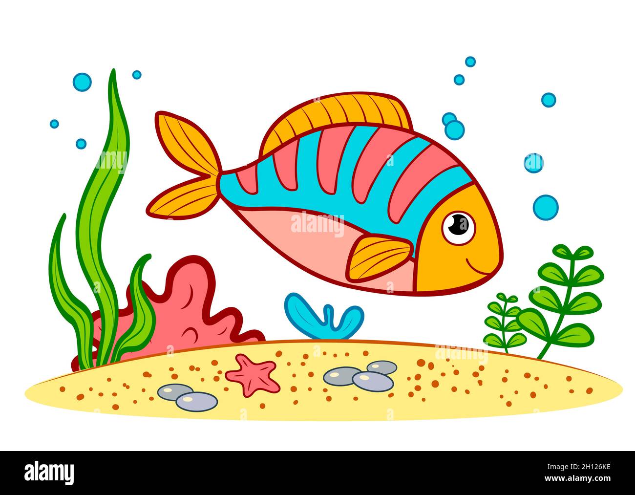 Cute fish at the bottom of sea. Fish underwater clipart illustration