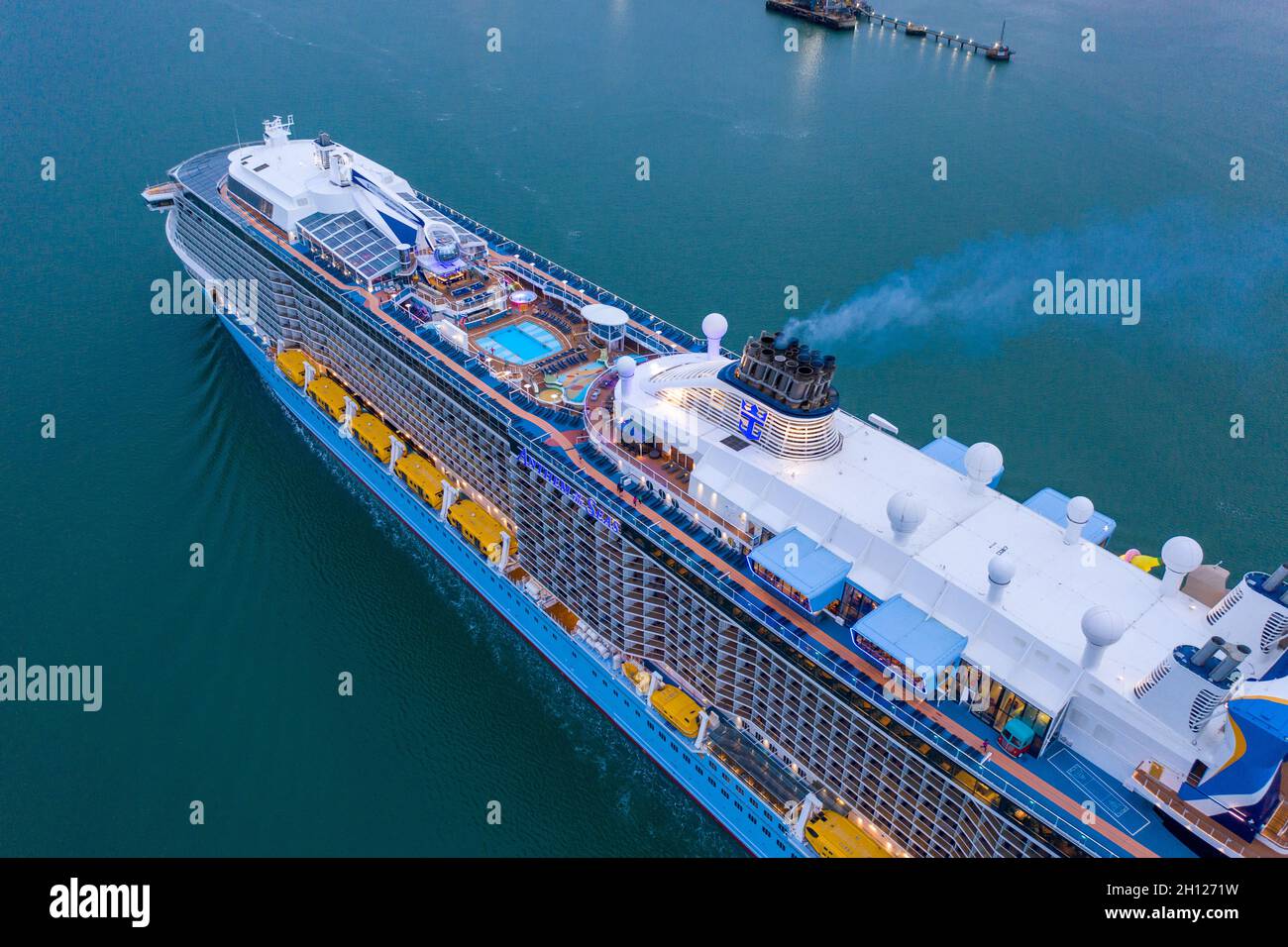 Aerial view of Anthem of the Seas Royal Caribbean cruise ship leaving
