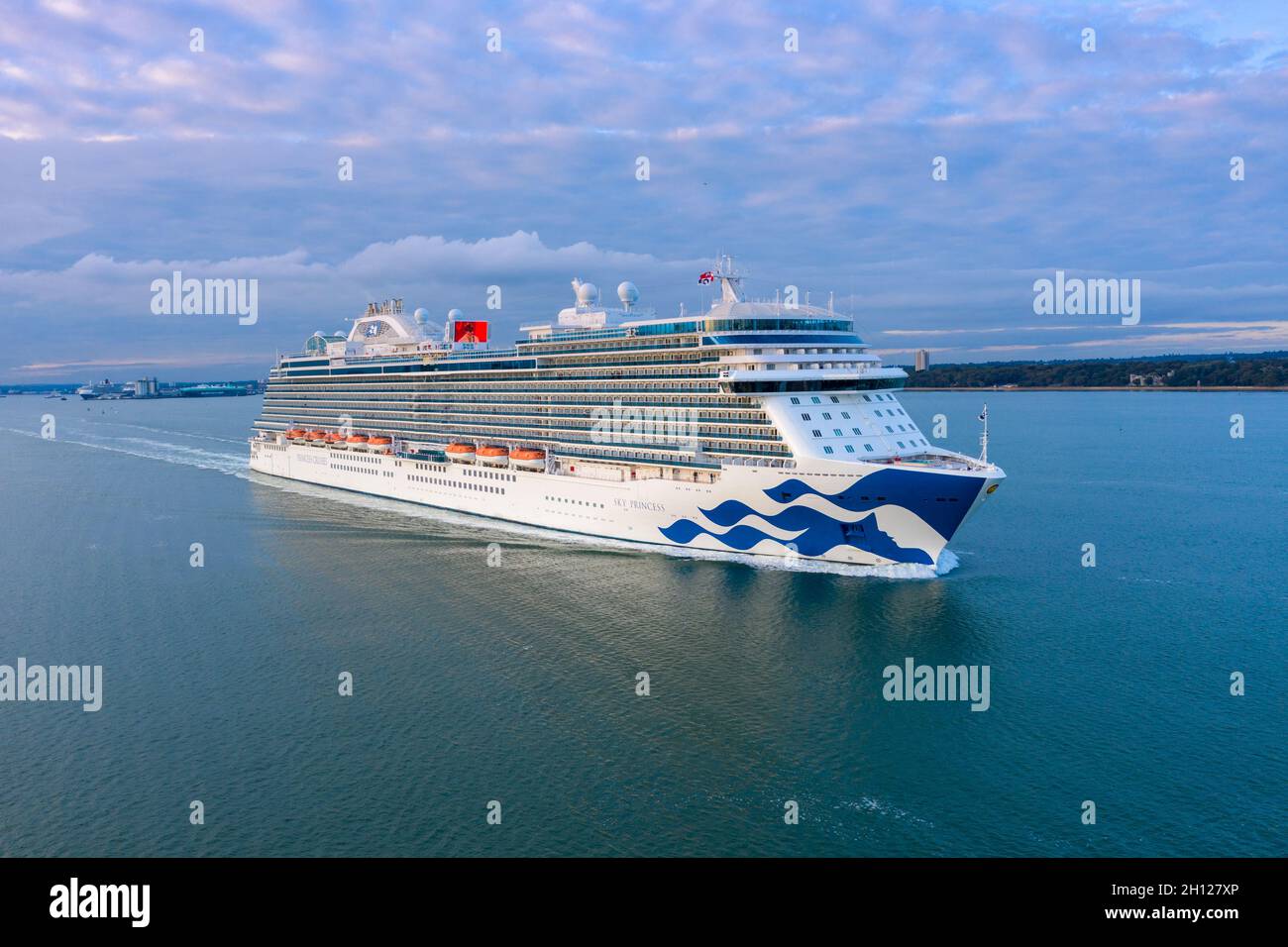 Aerial view of Sky Princess of Princess Cruises a subsidiary of Carnival Corporation cruise ship leaving Southampton October 2021. Stock Photo