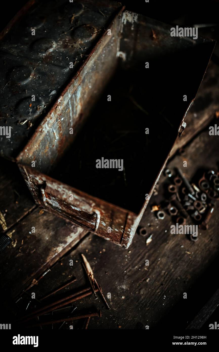 Old boxes in a workshop Stock Photo - Alamy