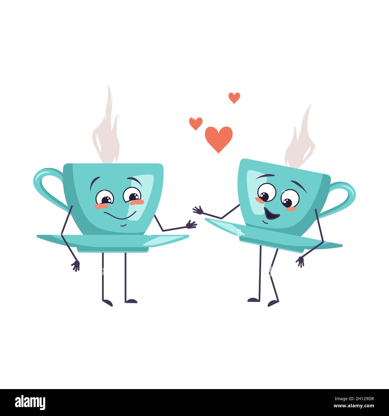 Cute cup of tea character with love emotions, smiling face, arms and legs. The funny or happy heroes with hearts, mugs fall in love for a cafe. Vector flat illustration Stock Vector