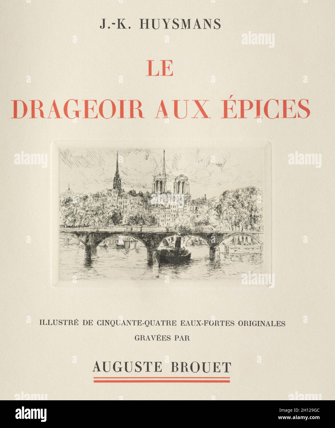 Le Drageoir aux épices by J. K. Huysmans: p. 5, 1929. Auguste Brouet (French, 1872-1941), J.K. Huysmans (French). Book containing 54 etchings; overall: 28.7 x 23.3 x 4.5 cm (11 5/16 x 9 3/16 x 1 3/4 in.). Stock Photo