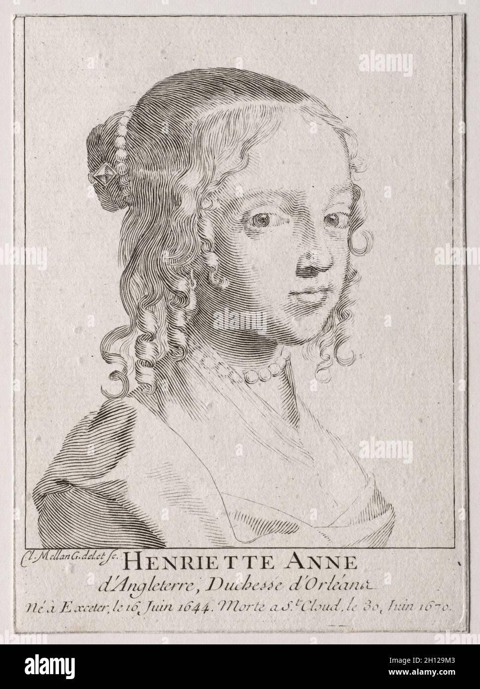 Henriette-Marie d'Angleterre, duchess d'Orleans. Claude Mellan (French, 1598-1688). Engraving; sheet: 14.2 x 10.5 cm (5 9/16 x 4 1/8 in.). Stock Photo