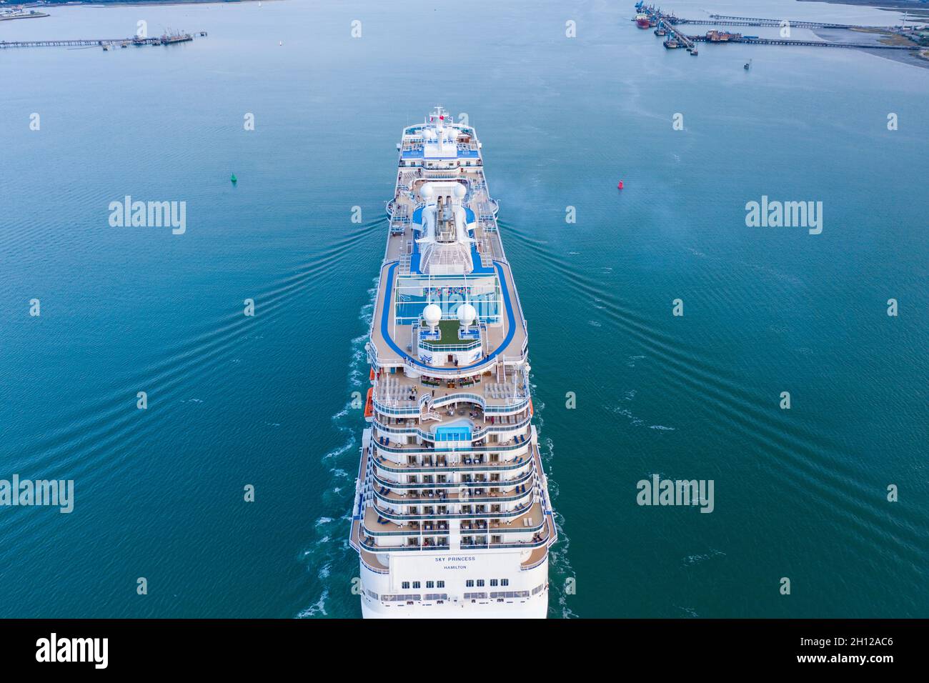 Aerial view of Sky Princess of Princess Cruises a subsidiary of Carnival Corporation cruise ship leaving Southampton October 2021. Stock Photo